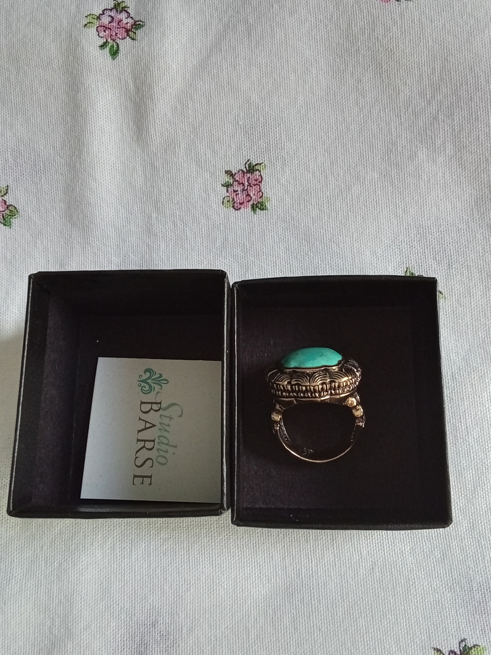 Studio Barse Bronze Tone Turquoise Cabochon Statement Ring Ornate Boho Vintage
